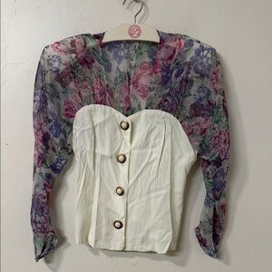 Floral Sheer Sleeve Women's Top - Cream vintage 90’s Donna Martin 90210